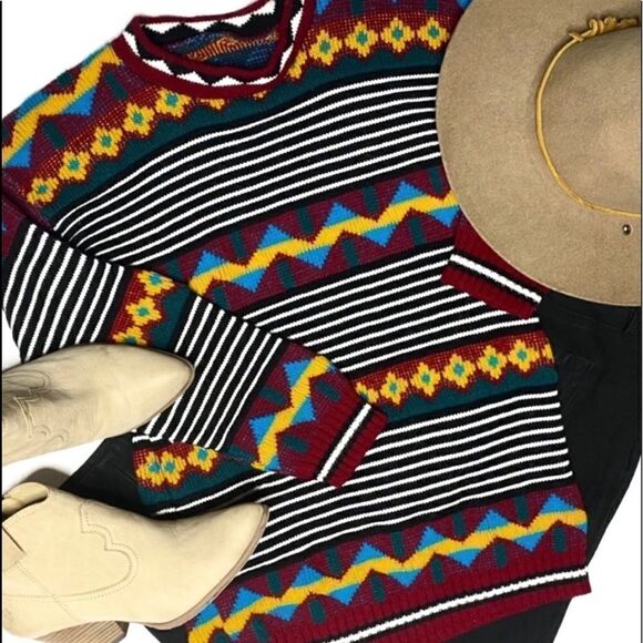 One of a Kind Vintage Handmade Multicolor Rainbow Geometric Pullover Sweater - Picture 1 of 6